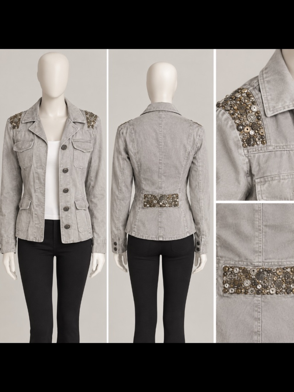 Embellished Light Grey Denim Jacket with Jeweled Accents